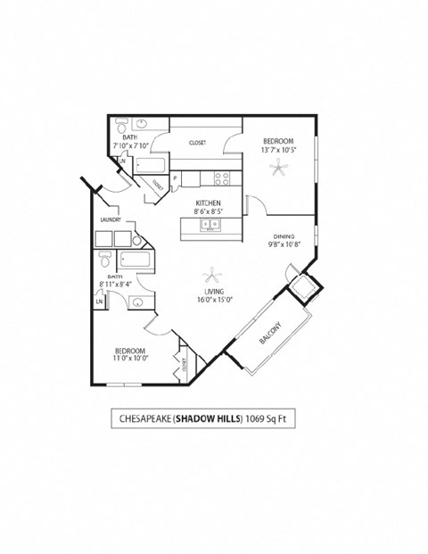 Floor plan for 2 beds, 2 baths, 1069 sqft